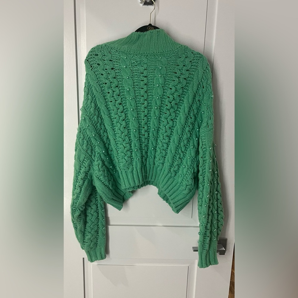 Zara Cropped bright green sweater with pearls.